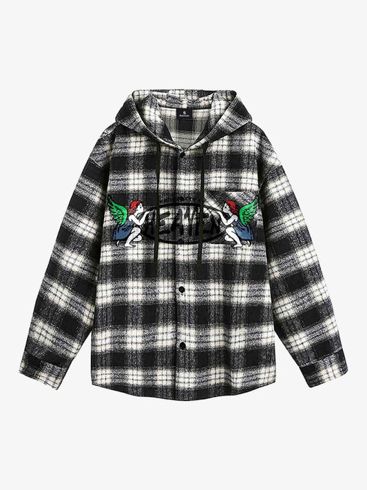 Vintage Black And White Plaid Angel Embroidered Hooded Shirt