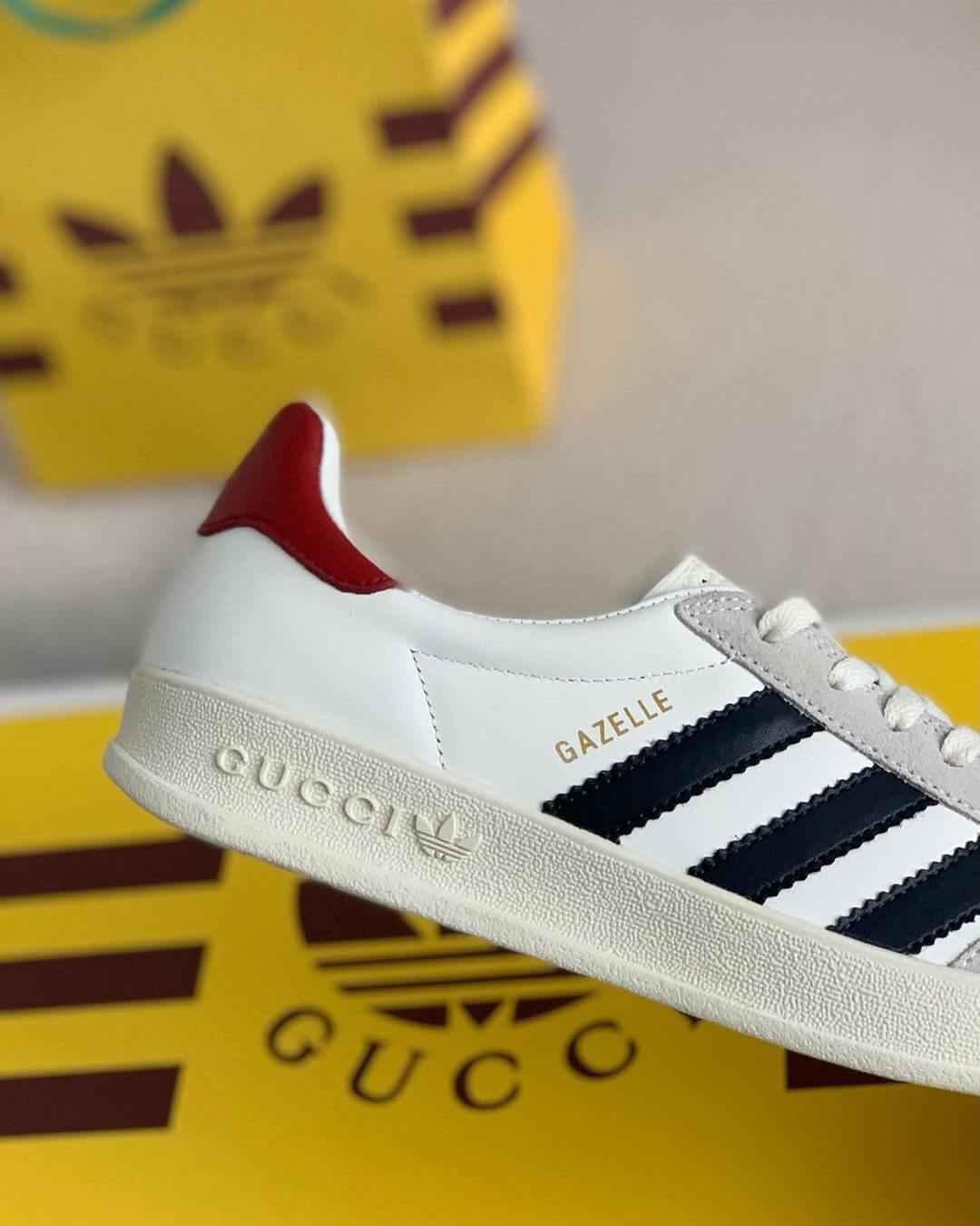 Adidas x Gucci Gazelle Sneaker in White with Black Stripes and Red Heel Tab