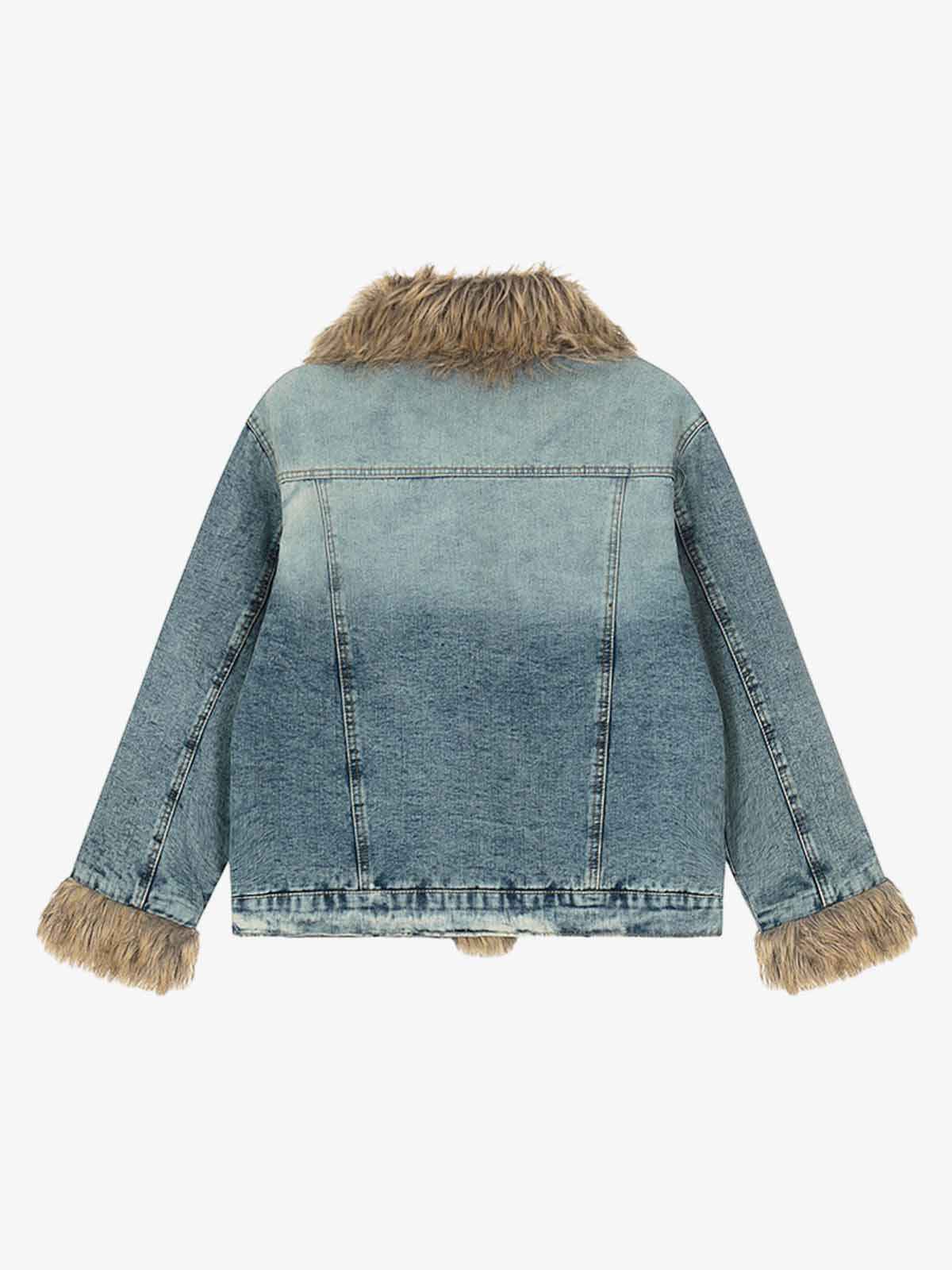 Vintage Faux Fur Trim Washed Padded Denim Jacket