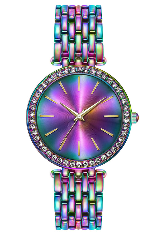 Bisley 36MM Rainbow Watch for Womens Iridescent Metal Bands Colorful Dial Fashion Waterproof Analog Quartz Watch