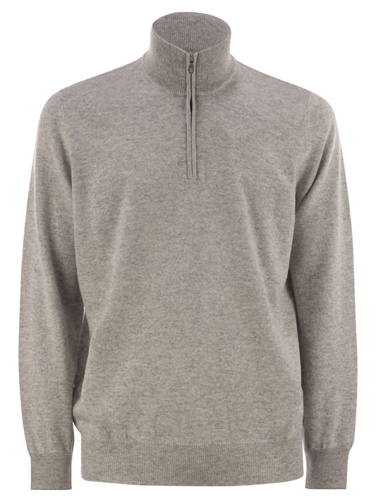 Brunello Cucinelli Men High-Necked Cashmere Sweater With Zip Opening