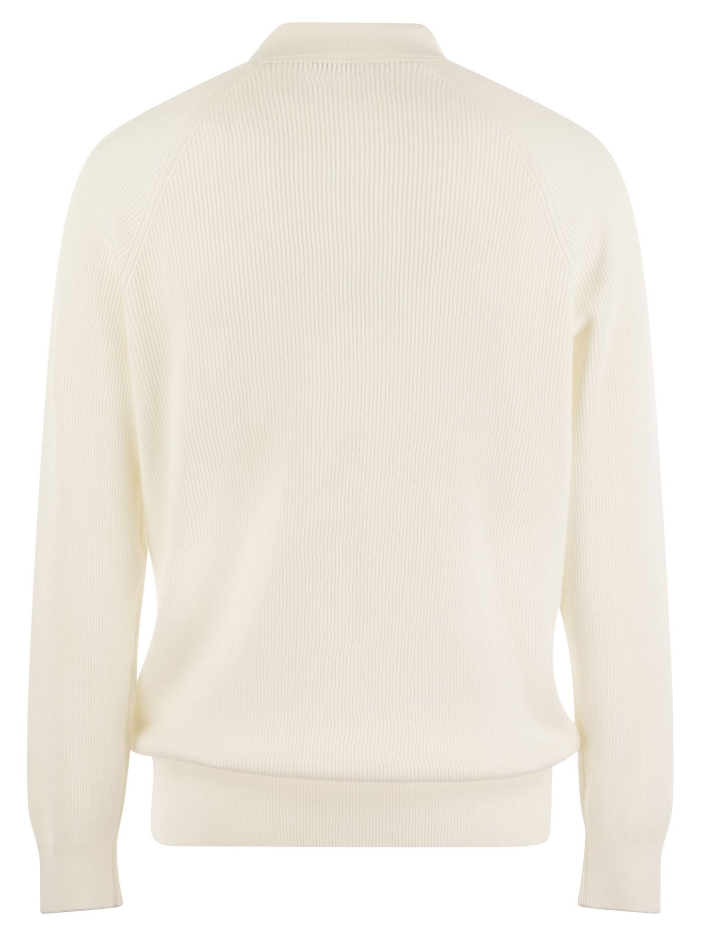 Brunello Cucinelli Men Cotton Rib Knit Polo Shirt With Long Raglan Sleeve