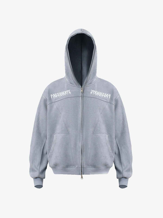 Vintage Suede Letter Embroidered Cropped Zip Up Hoodie