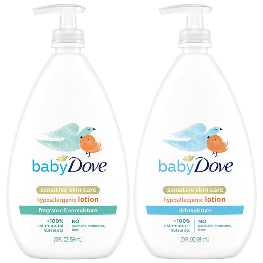 Dove Baby Lotion Bundle – Sensitive Skin Care Hypoallergenic Lotion Nourishing & Hydrating Baby Lotion for Newborn Rich Moisture & Fragrance Free Moisture 20 Oz (2 Piece Set)