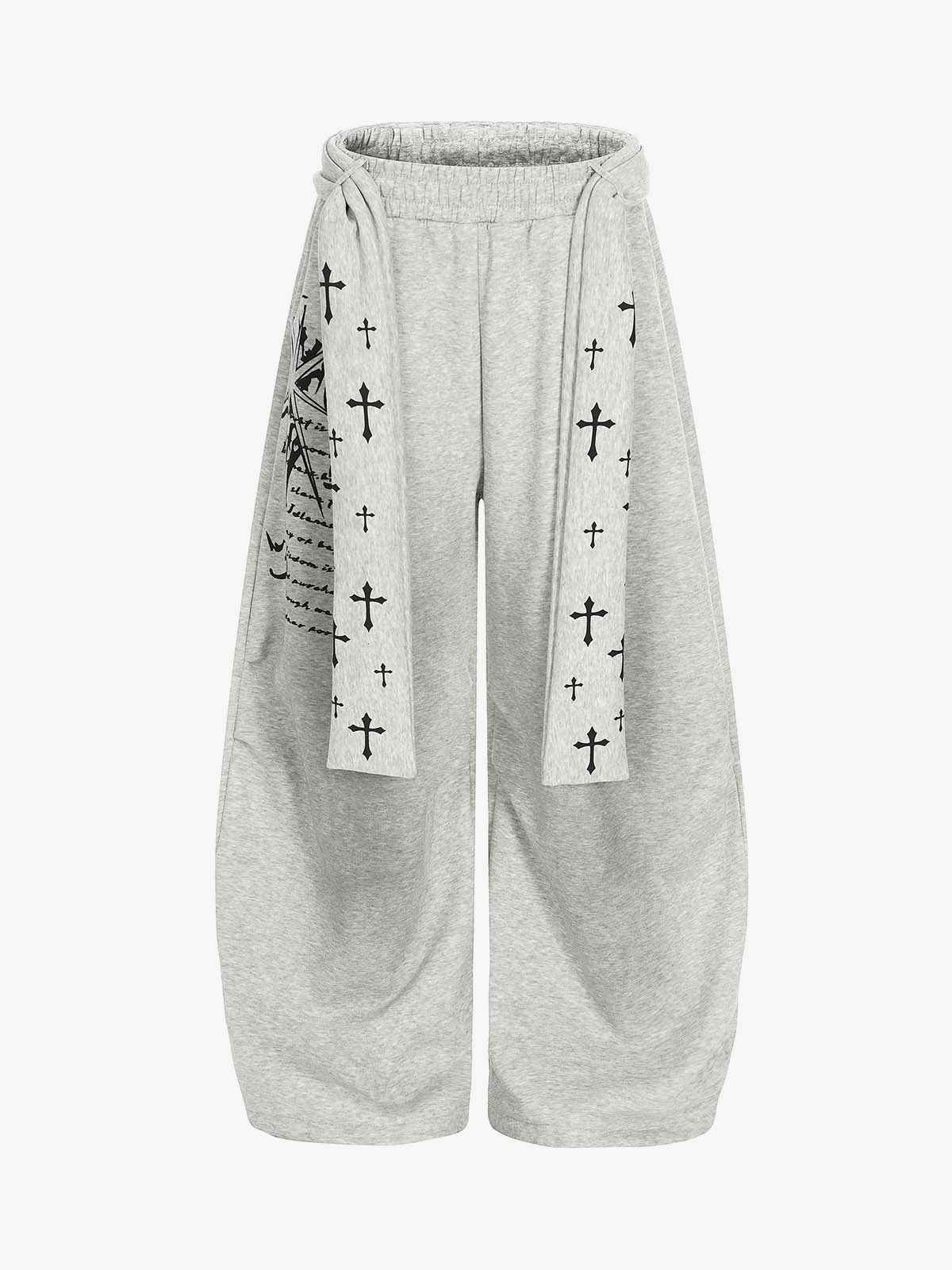 Cross Print Long Tie Detail Baggy Sweatpants