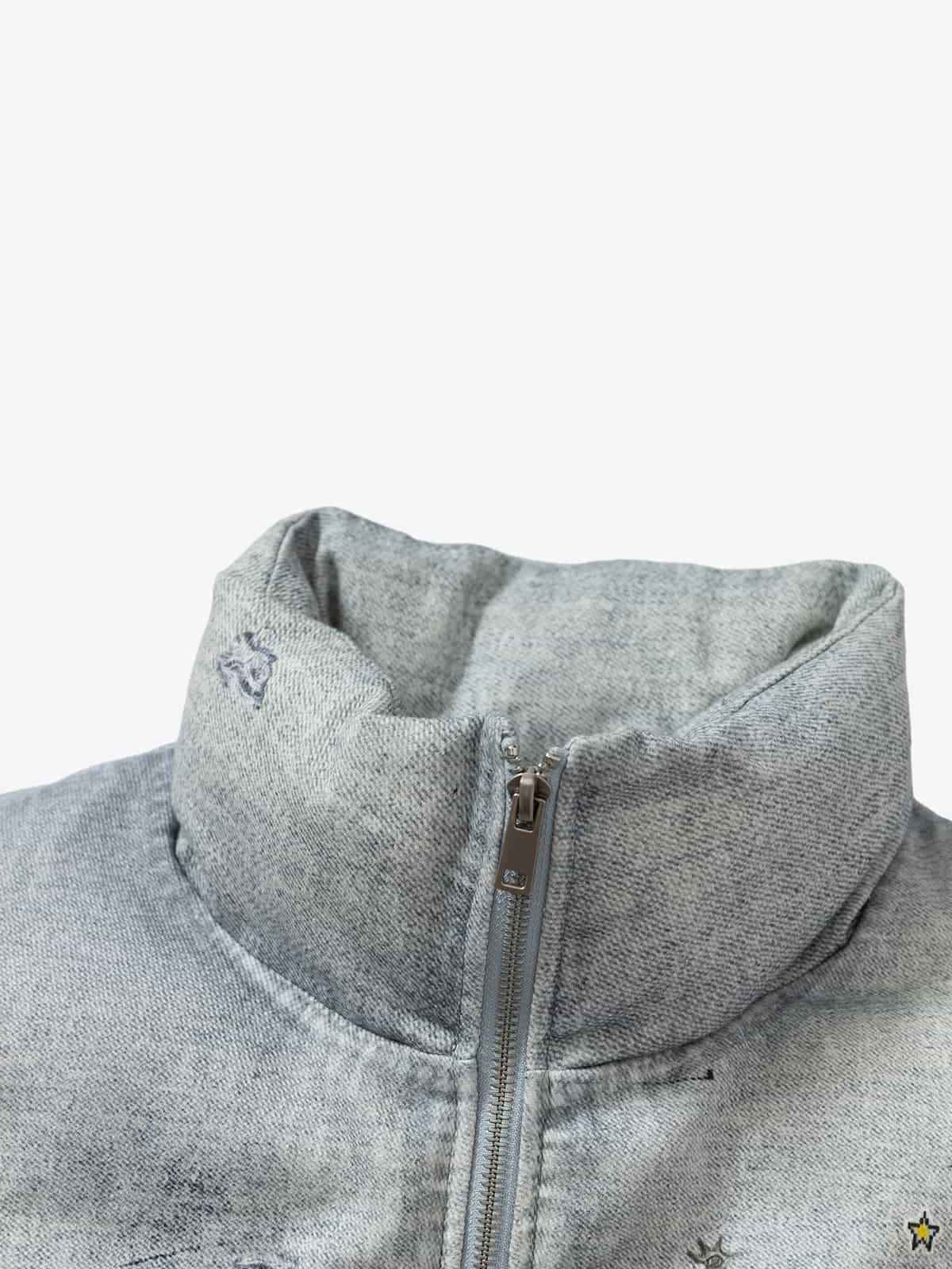 Street Illusion Denim Print Stand Collar Padded Cotton Jacket