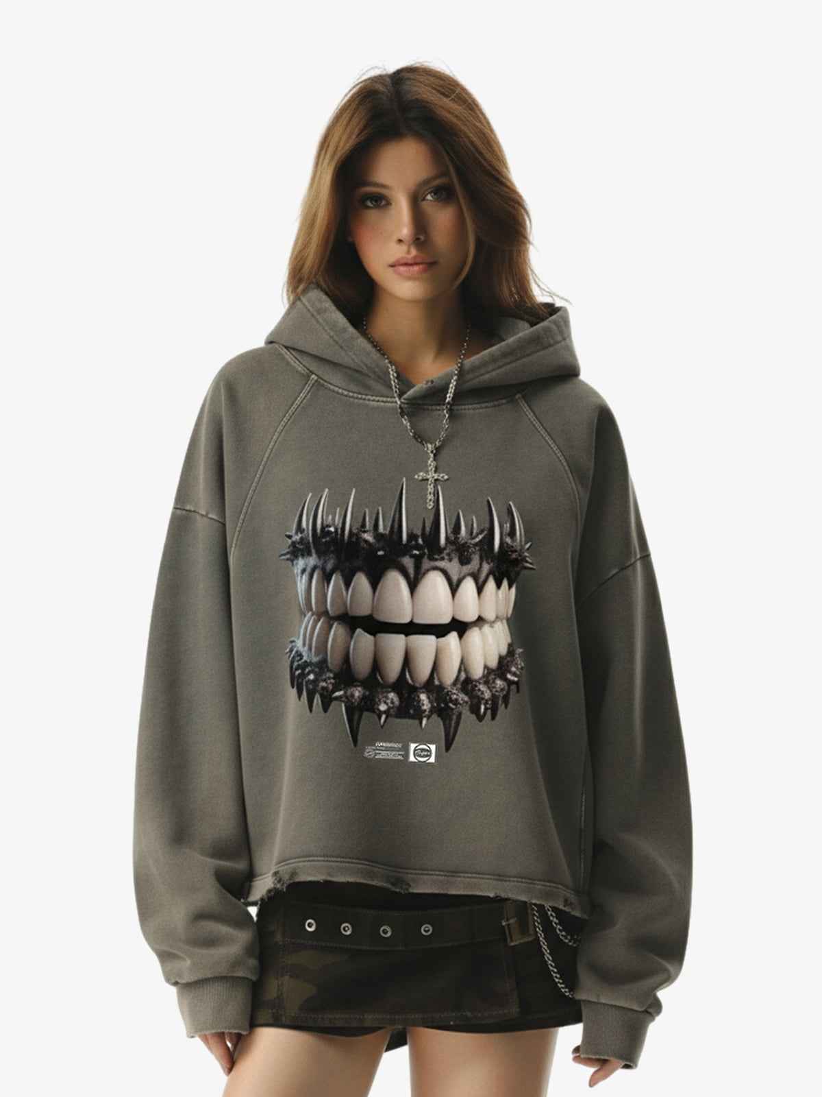 Dark Monster Teeth Graphic Cropped Hoodie