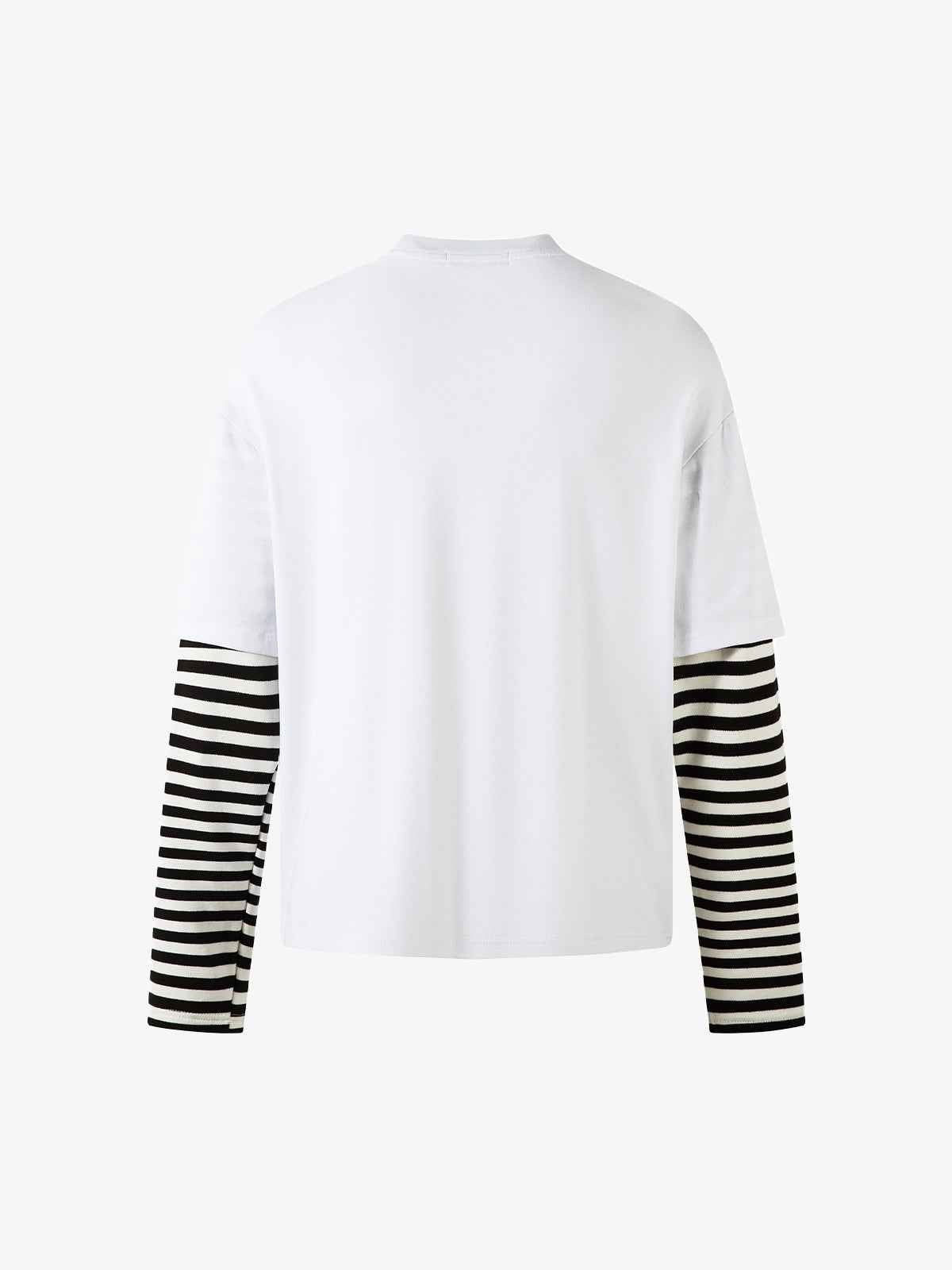 Cartoon Print Striped Sleeve Faux Two-Piece Long-Sleeve T-Shirt
