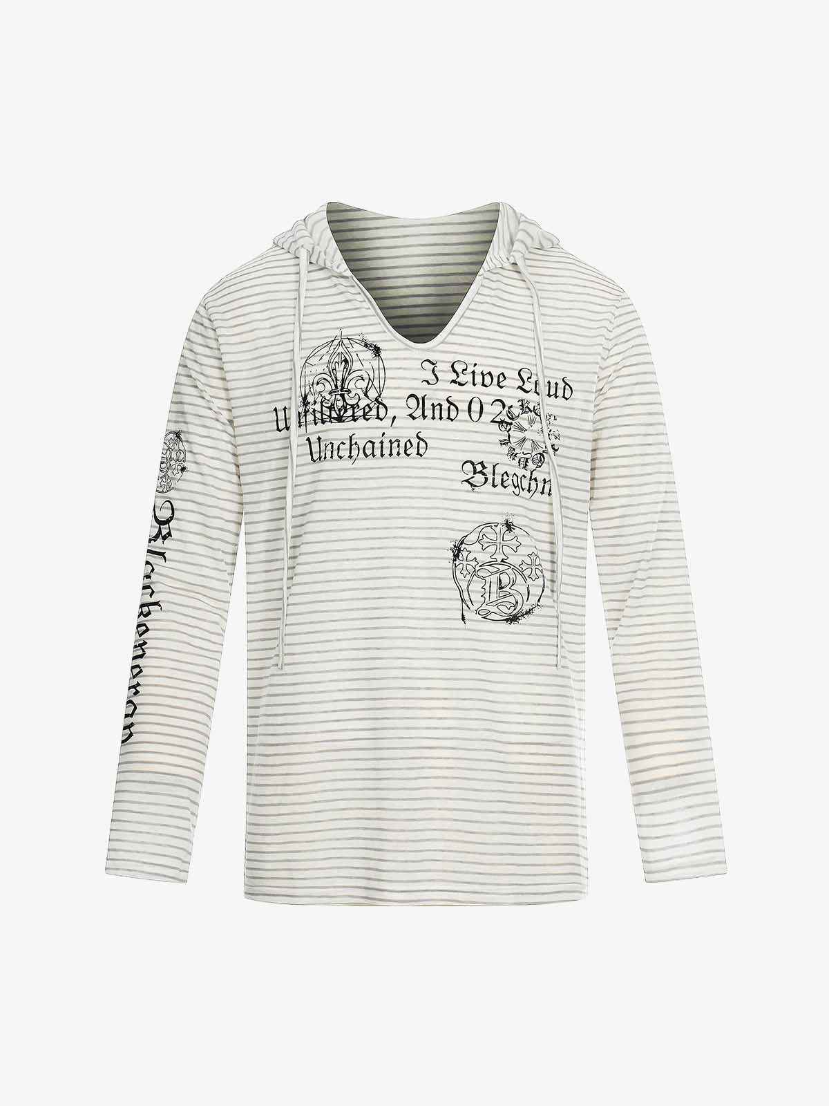 Graphic Print and V-Neck Striped Long Sleeve Hooded T-Shirt