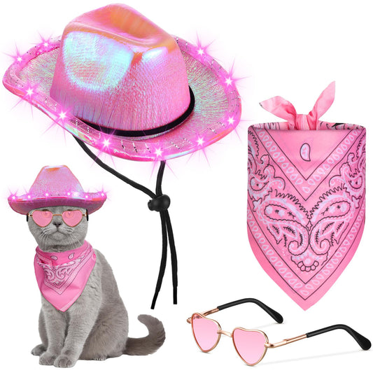 Aliceset 3 Pcs Pet Cowboy Costume Cat Cowboy Accessories Set Neon Sparkly Dog Cowboy Hat Paisley Bandanna Collar and Sunglasses LED Light up Western Small Cat Dog Cowgirl Costume(Pink Shiny Shiny)