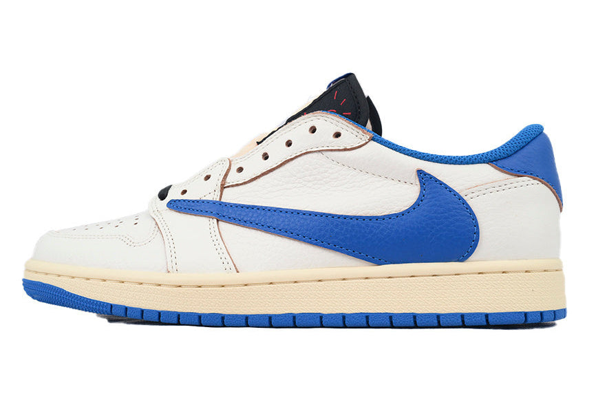 White and blue luxury urban sneaker with retro sole and oversized blue Swoosh logo