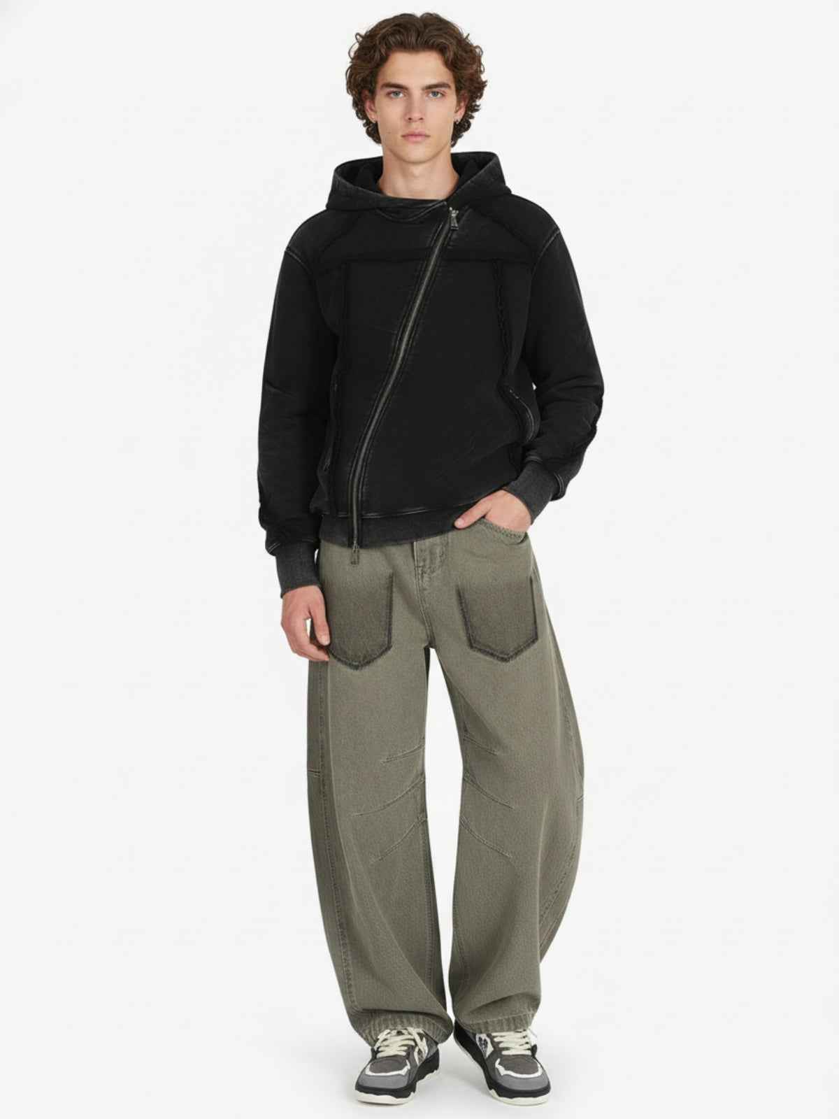 Retro Asymmetric Zip Up Deconstructed Hoodie