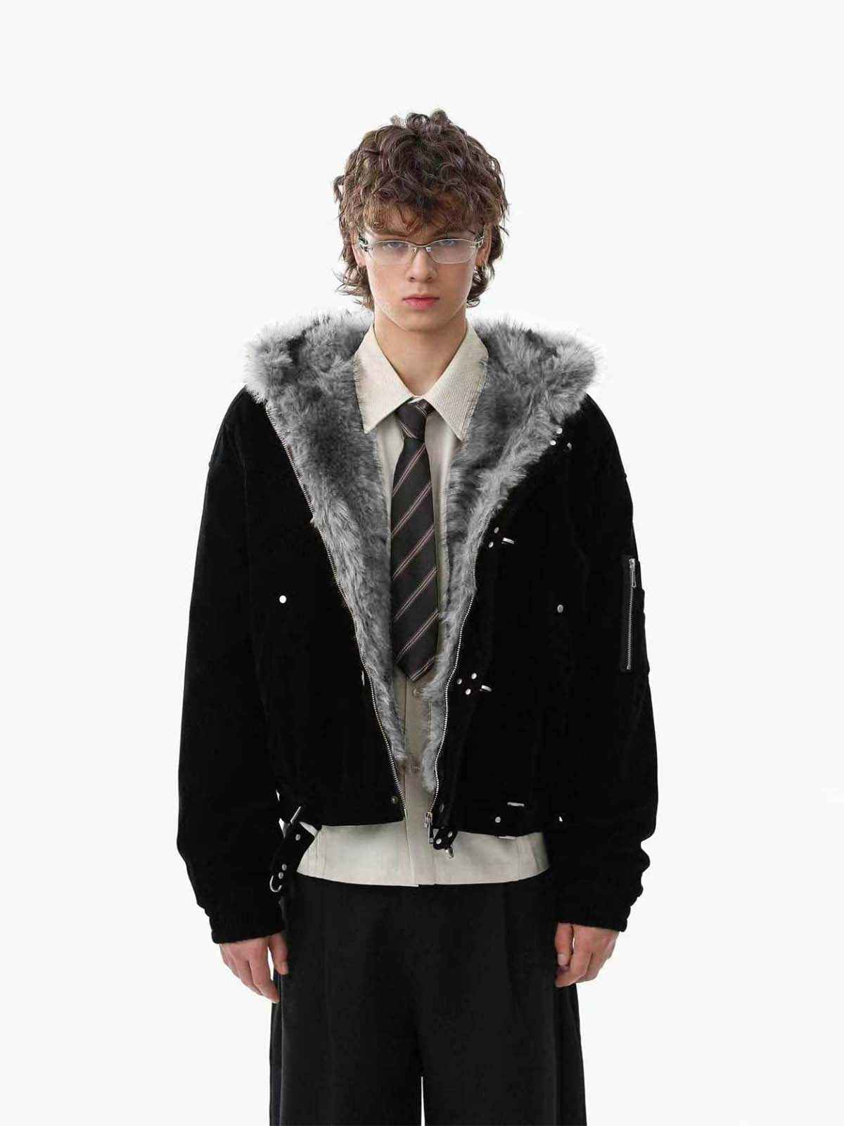 Streetwear Metal Clip Faux Fur Hooded Suede Bomber Jacket