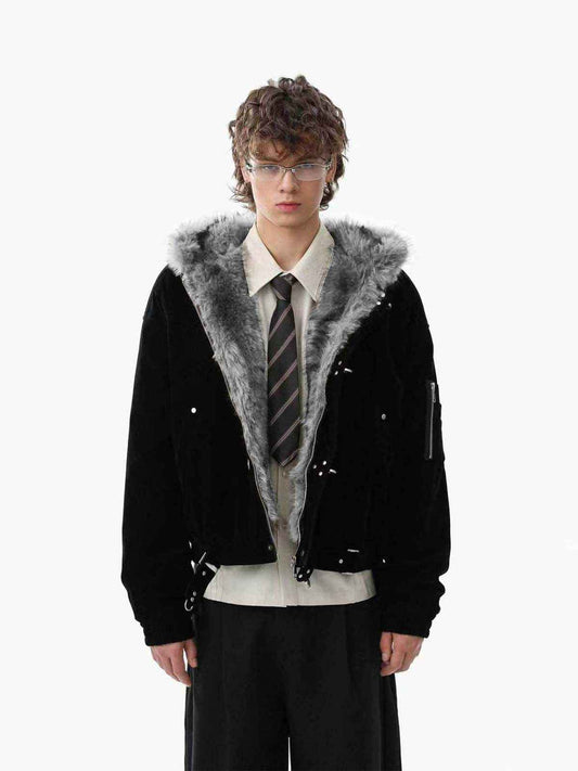 Streetwear Metal Clip Faux Fur Hooded Suede Bomber Jacket