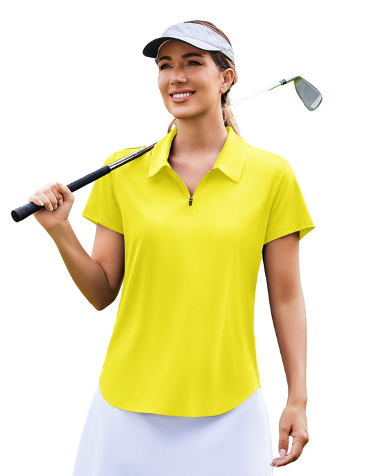 PINSPARK Golf Shirts for Women UPF 50+ Sun Protection Zip Up Tennis Quick Dry Loose Fit Polo Shirt Hiking Solid Yellow L