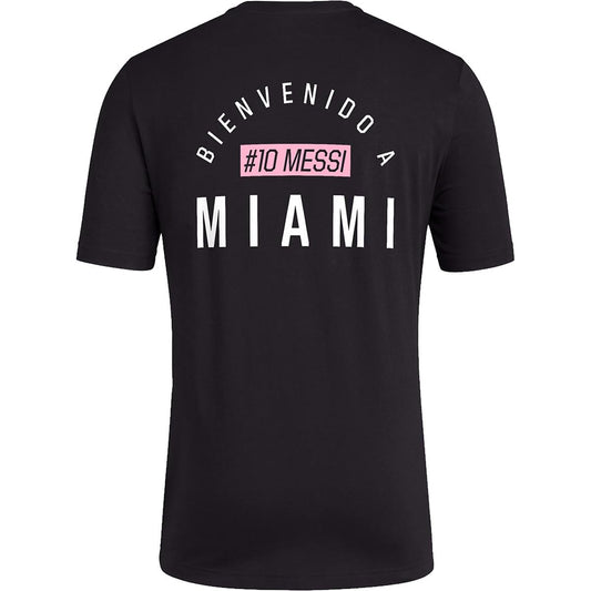 adidas Mens Soccer Messi X Miami Bienvenido a Miami Tee - Classic Relax Fit with Messi Graphic Logo and #10 Available in Black & White (Small Black)