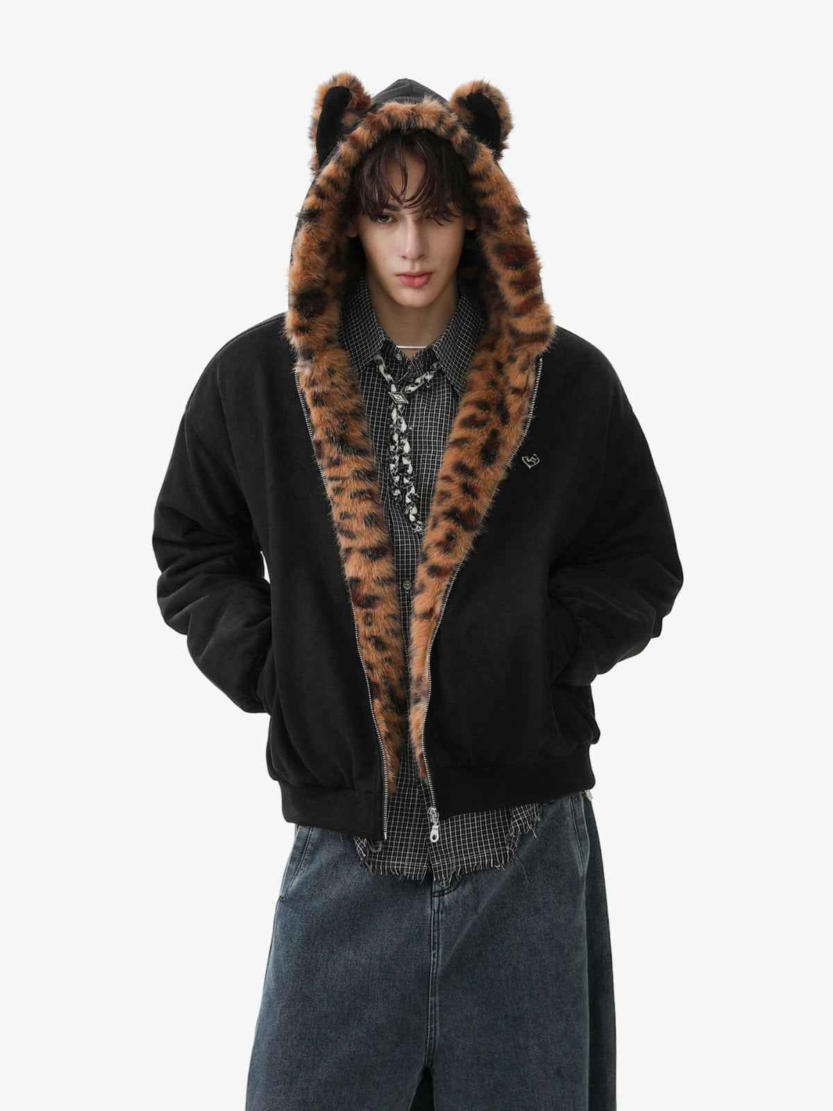 Tiger Print With Ears Hooded Fur Jacket