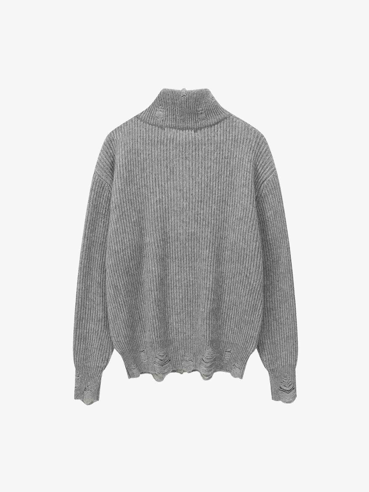 Retro Distressed Cat Print Ribbed Zip-Up High-Neck Sweater
