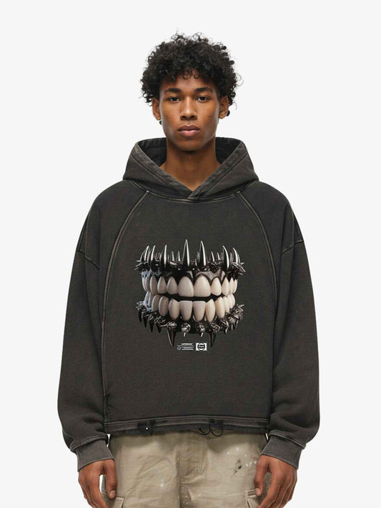 Dark Monster Teeth Graphic Cropped Hoodie