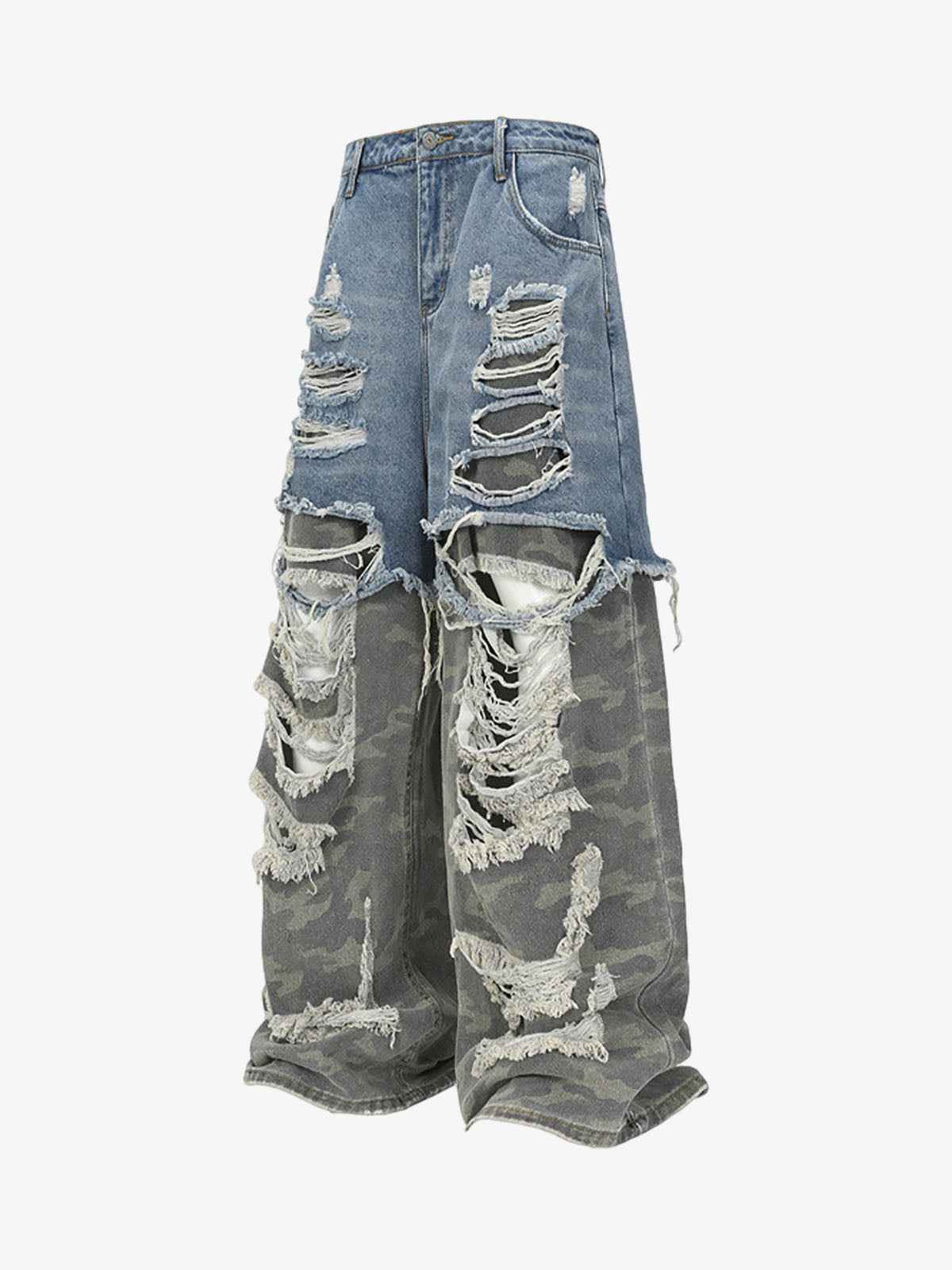 Camouflage Patchwork Ripped Cargo Jeans - 2452