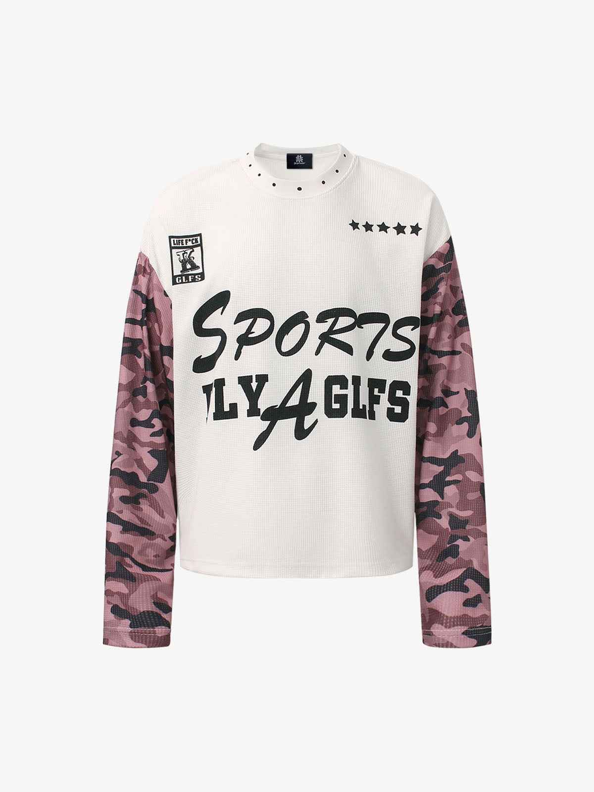 Camouflage Patchwork Letter Print Waffle Long-Sleeved T-Shirt