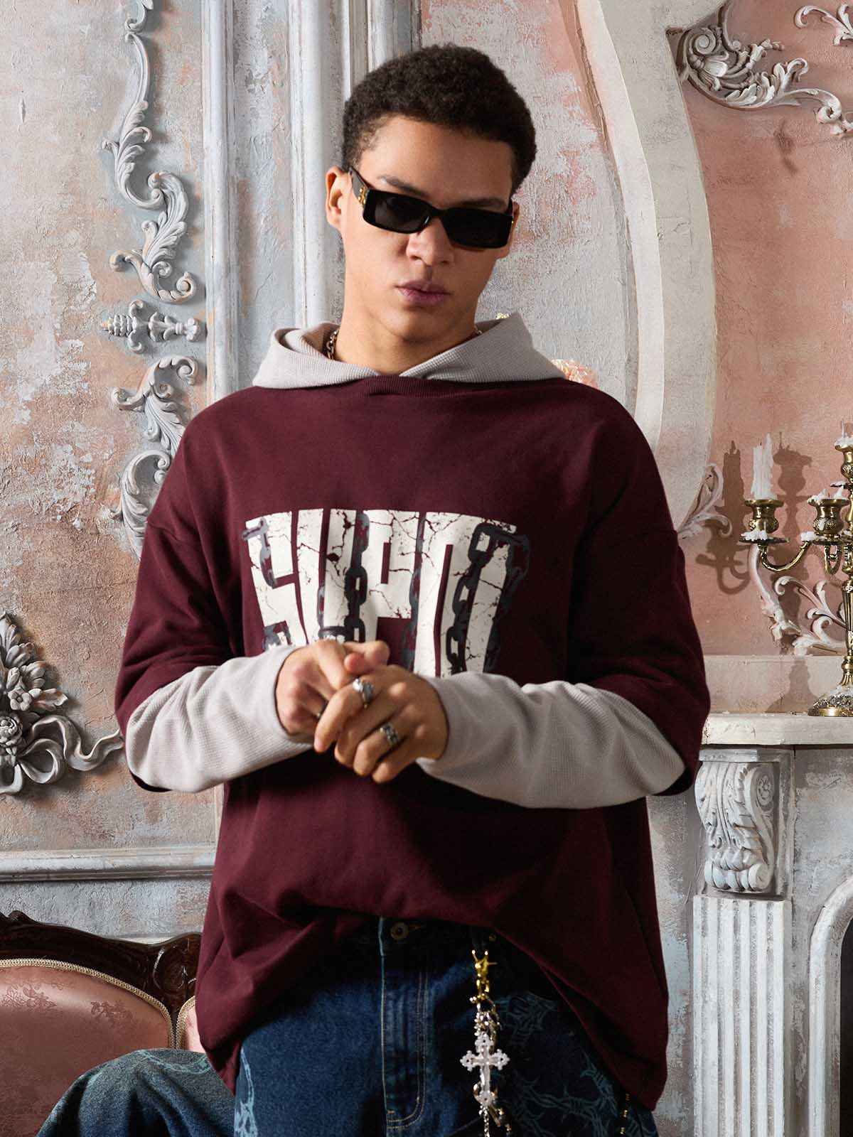 Original Print Faux Two-Piece Hooded Long-Sleeve T-Shirt