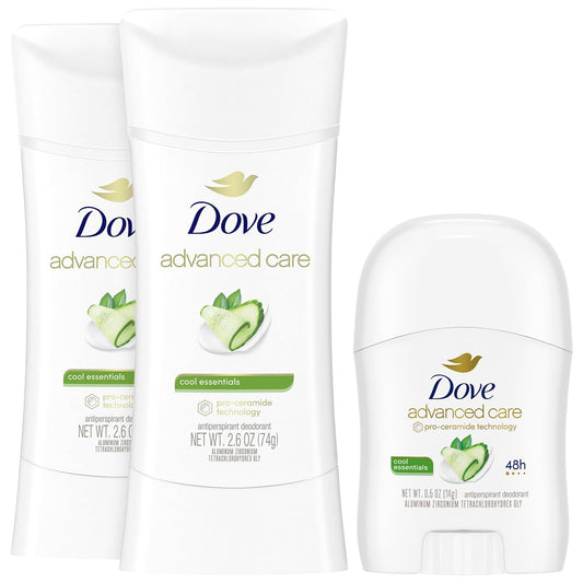 Dove Advanced Care Deodorant Cool Essentials Bundle – Full-Size Antiperspirant Deodorant 2-Pack + Mini Deodorant (3 Piece Set)