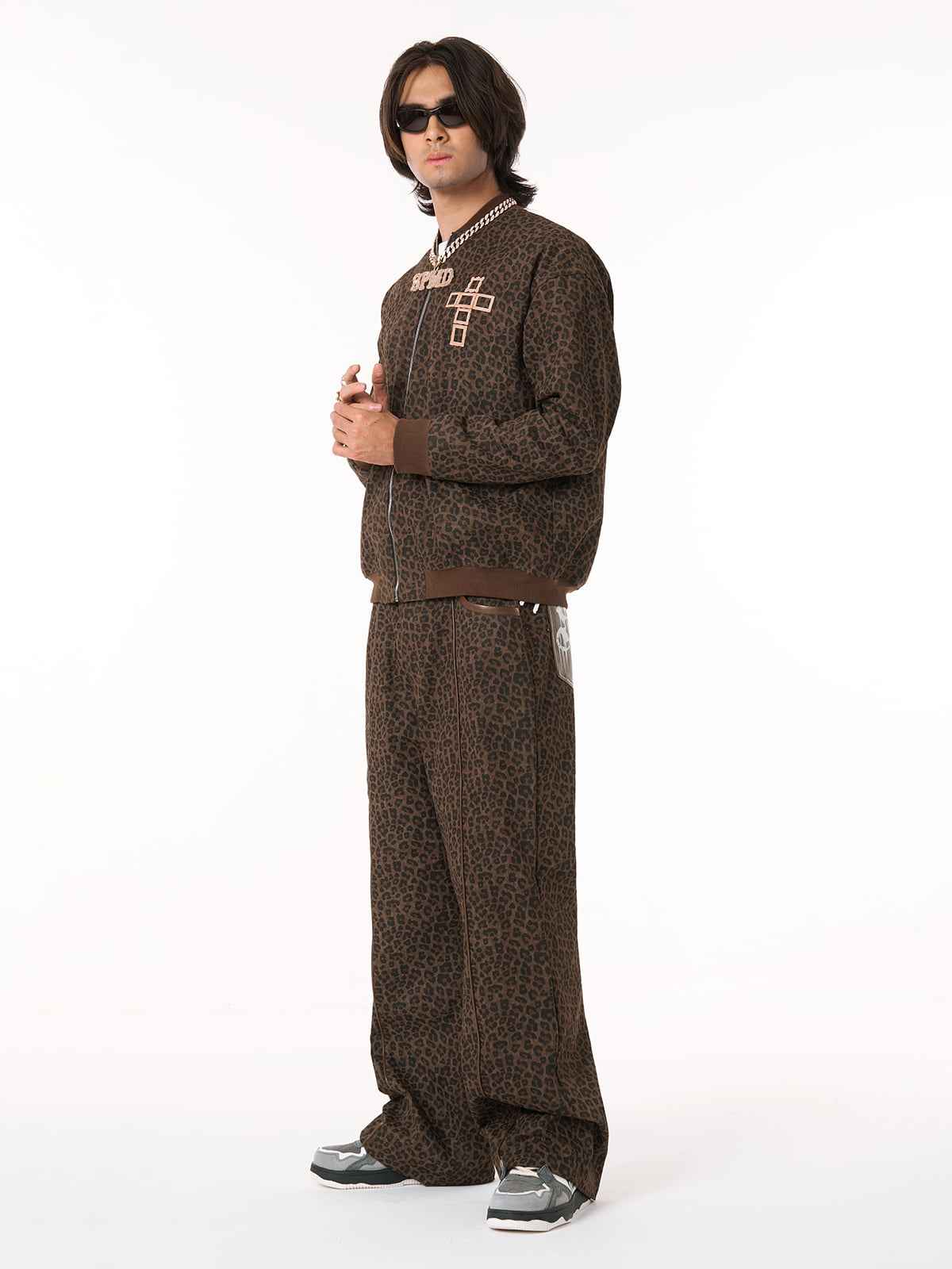 SUPM Graffiti Print Leather Leopard Print Baggy Pants