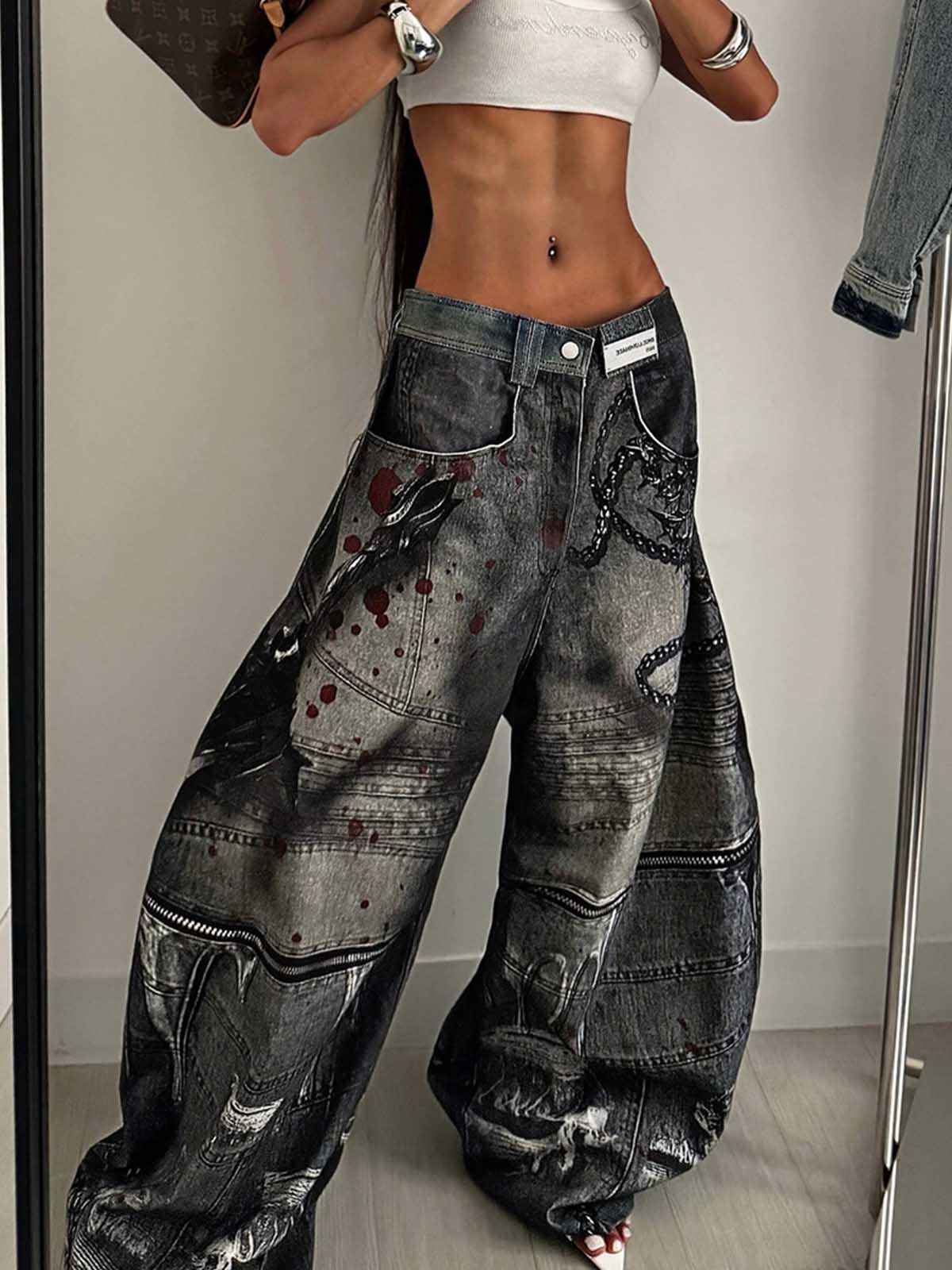 Abstract Graphic Print Wide Leg Barrel Jeans