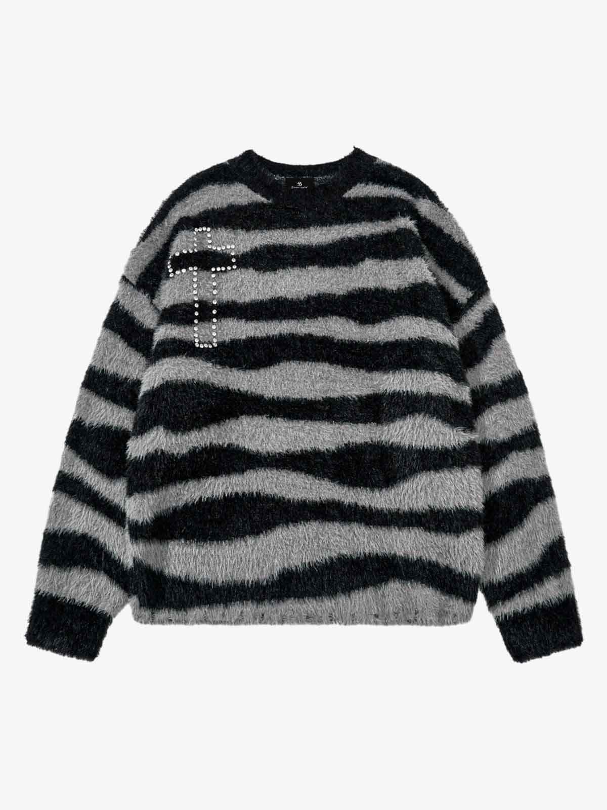 Retro Rhinestone Cross Fuzzy Zebra Stripe Sweater