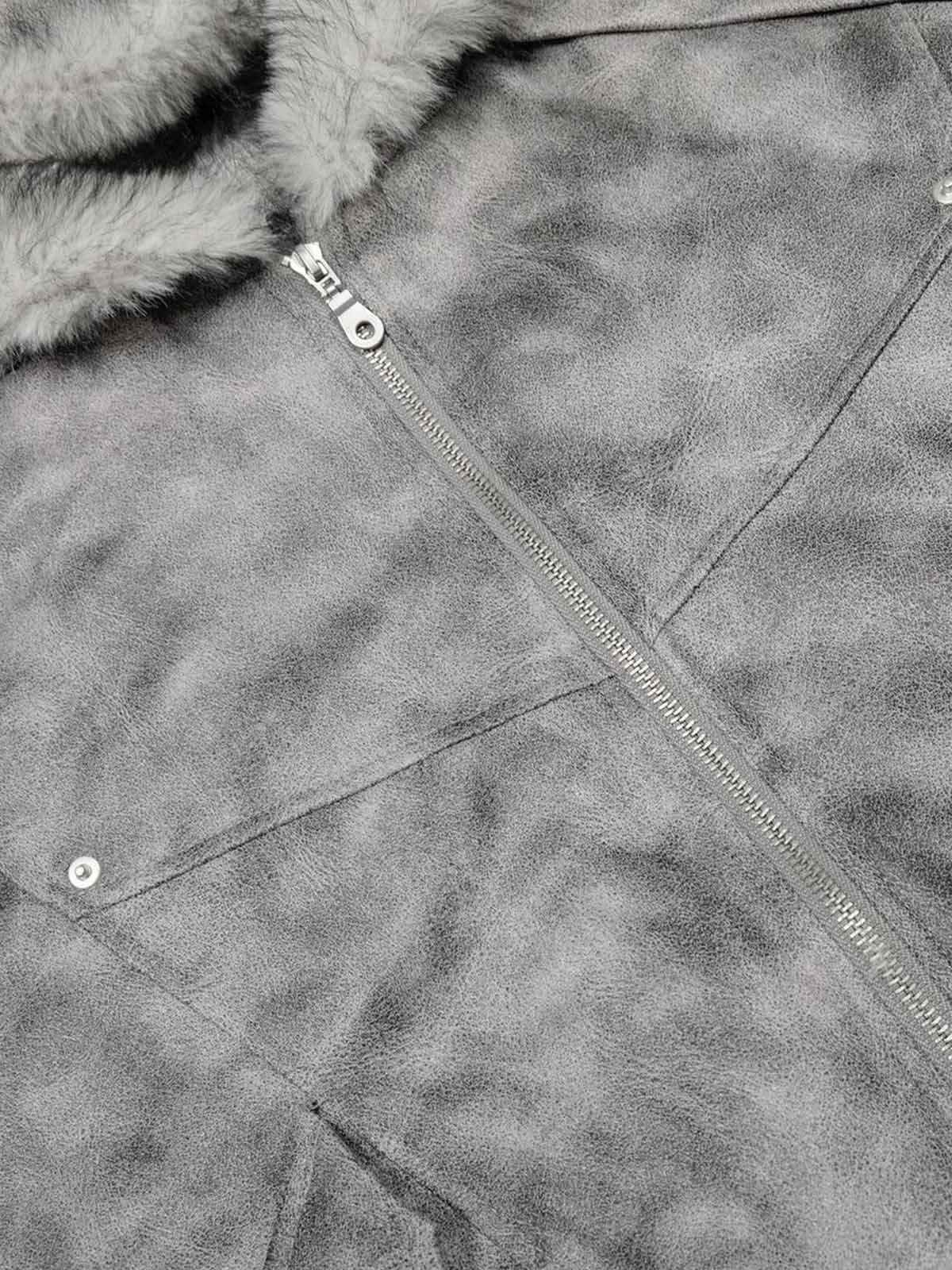 Faux Suede Vintage Wash Fur Hood Padded Jacket - 2553
