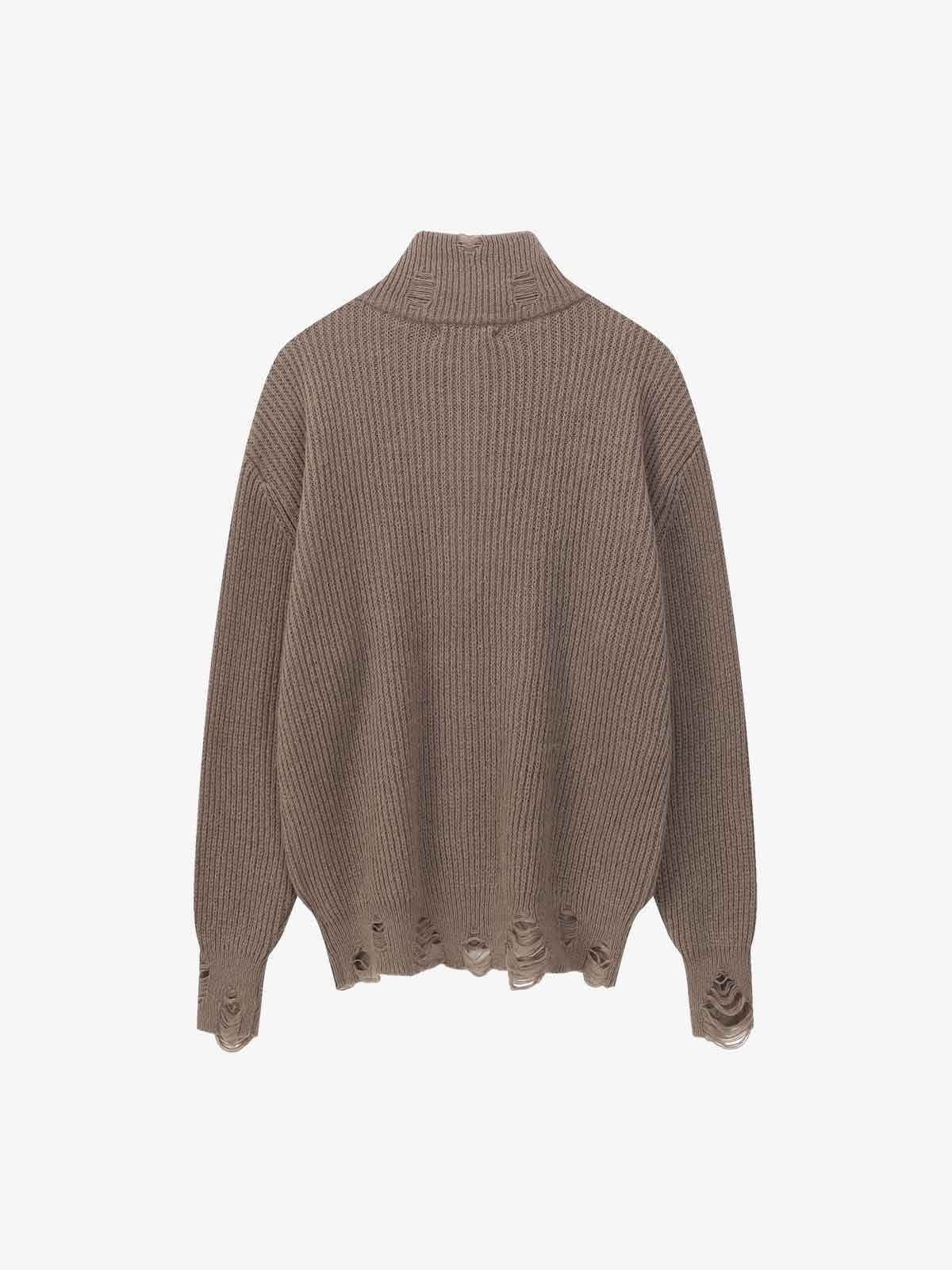 Retro Distressed Cat Print Ribbed Zip-Up High-Neck Sweater