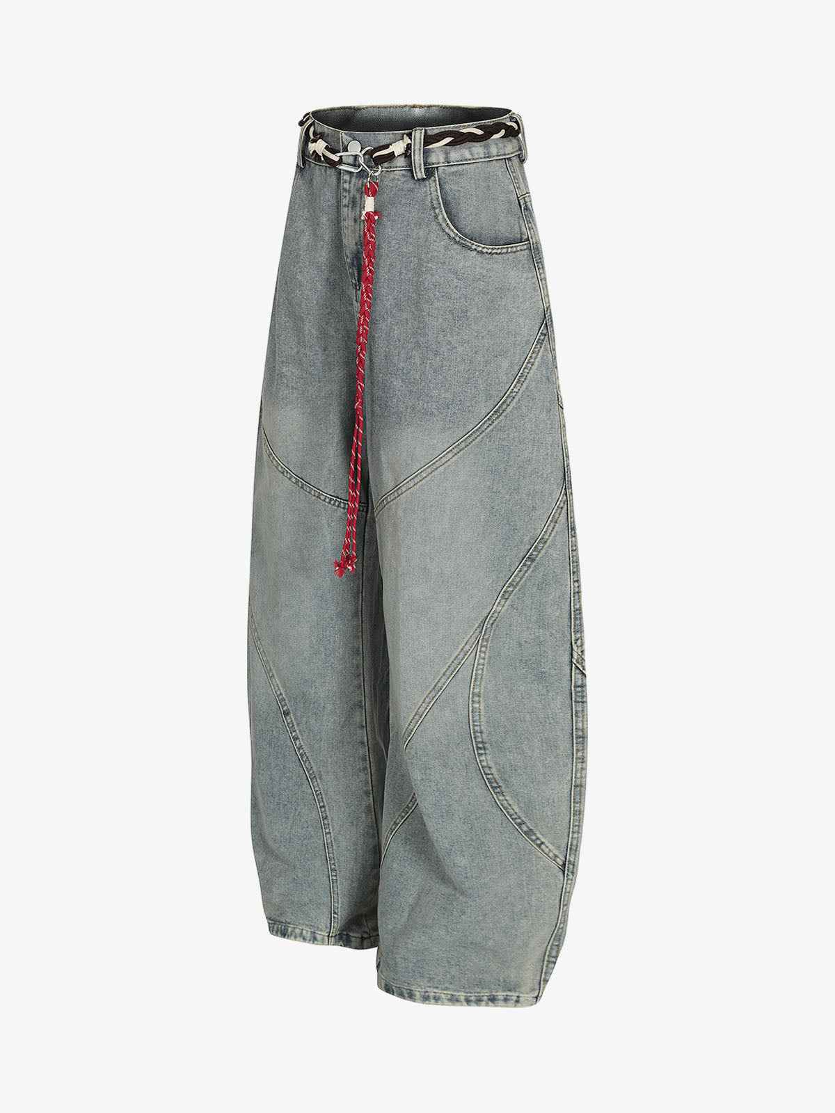 Denim Retro Belt Detail With Patchwork Barrel Jeans - 2490