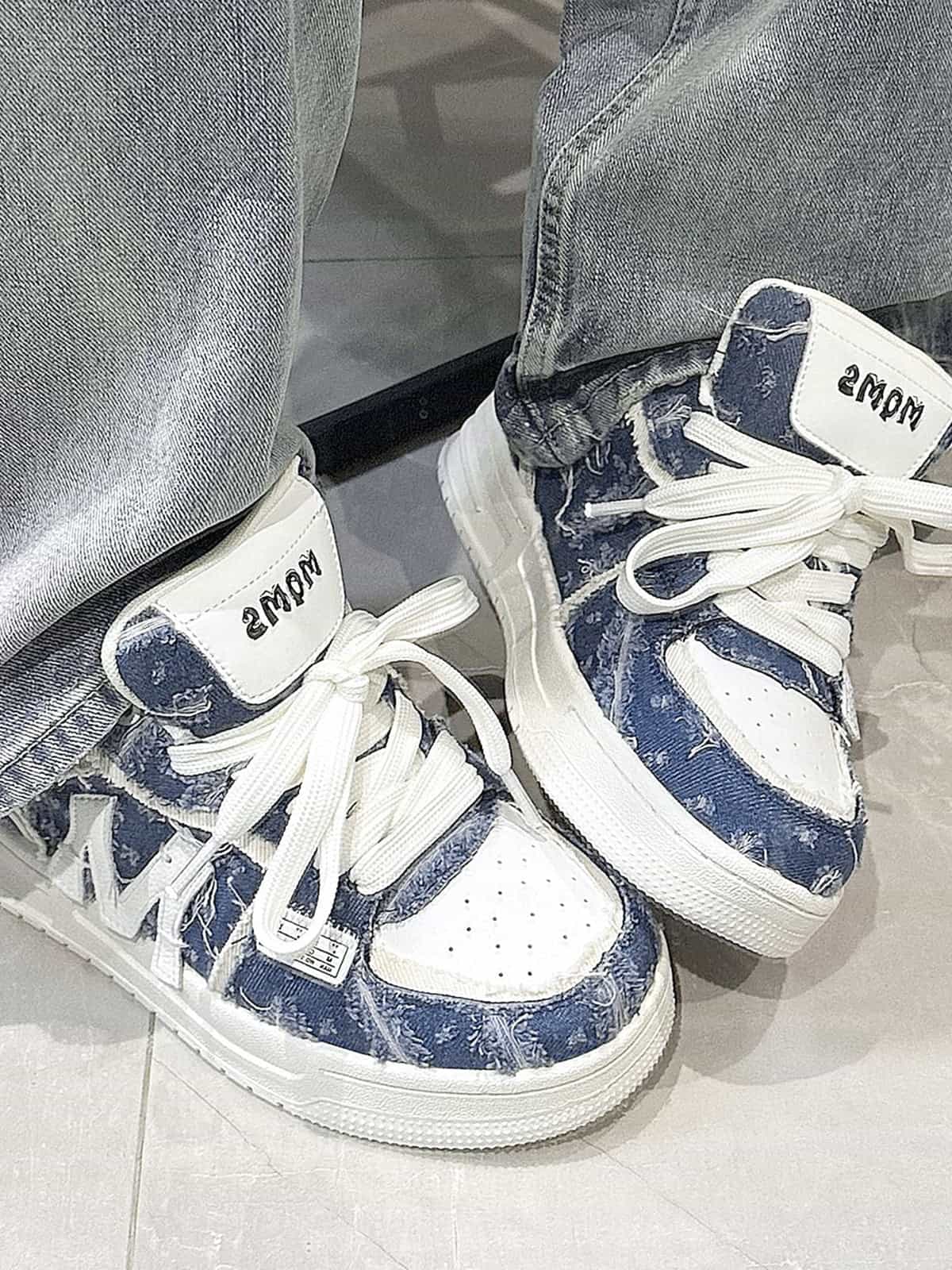 Street Distressed Denim Patchwork Sneakers - Luxuryurbanwear