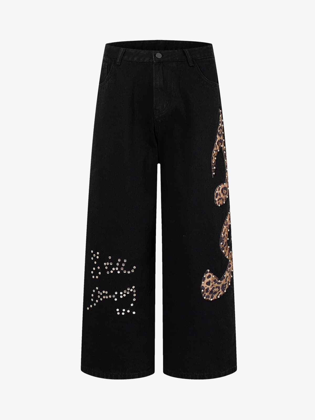 Retro Rhinestone Leopard Patch Music Note Straight Jeans