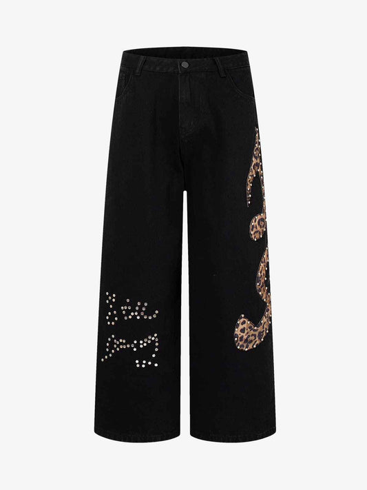 Retro Rhinestone Leopard Patch Music Note Straight Jeans