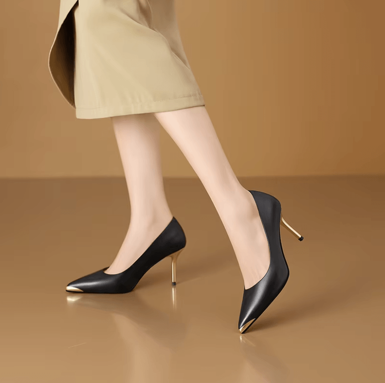 Blade Pump | Leather Gold Stiletto Cap-Toe