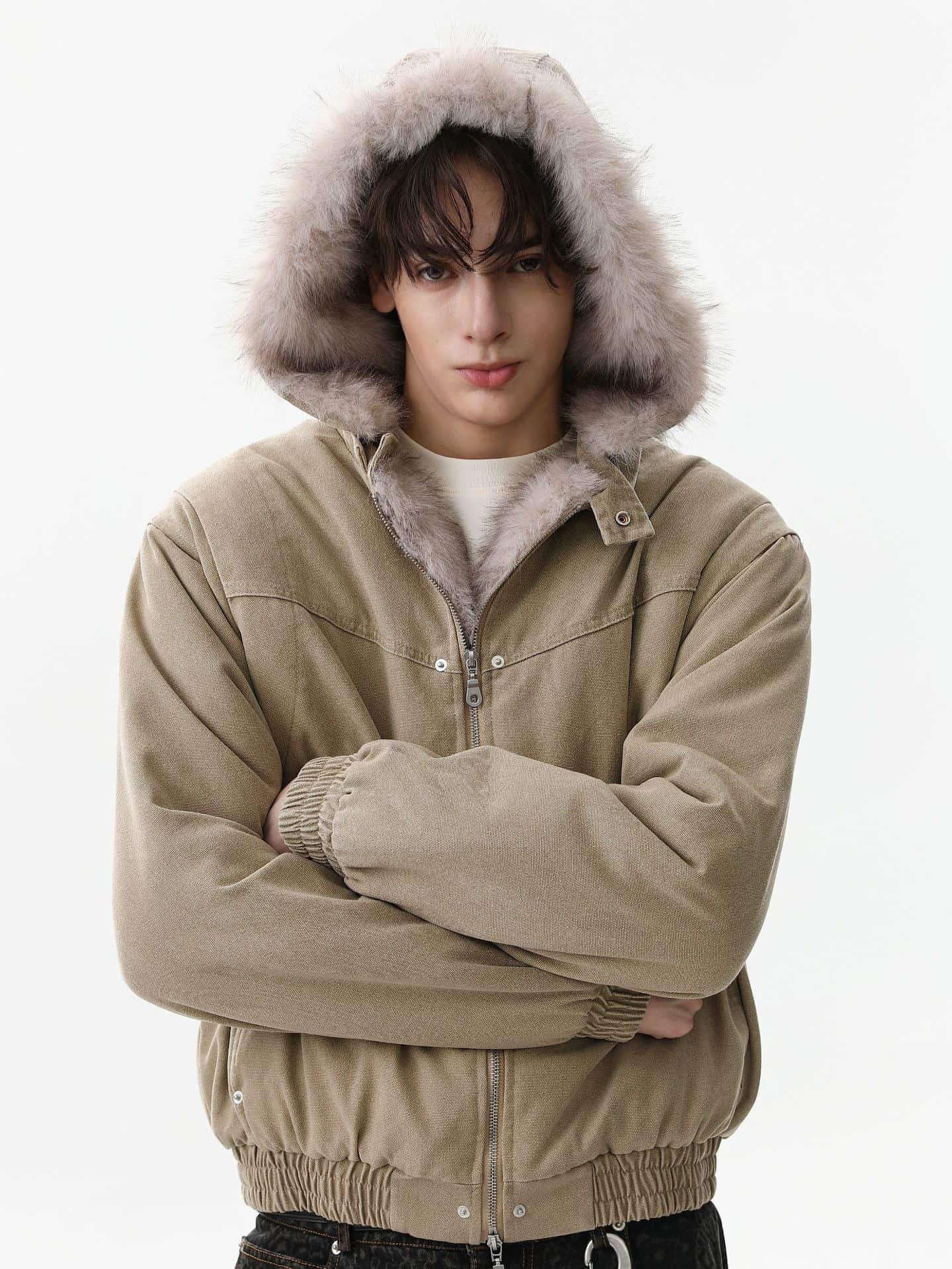 Street Outdoor Detachable Fur Collar Fleece Hooded Padded Jacket - Luxuryurbanwear