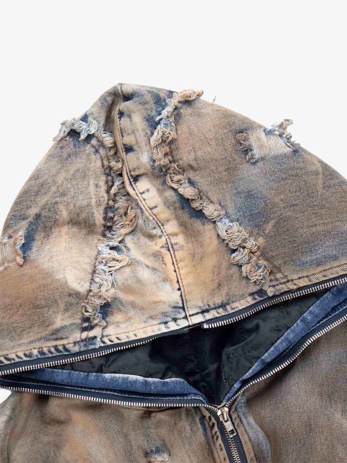 Distressed Mud-Dyed Frayed Edge Denim Bomber Jacket