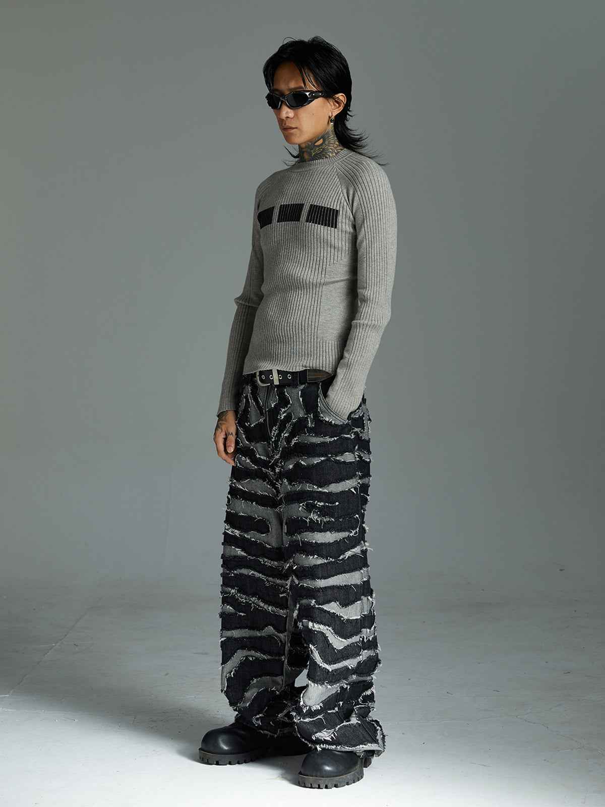 Frayed Zebra Striped Patchwork Wide Leg Jeans