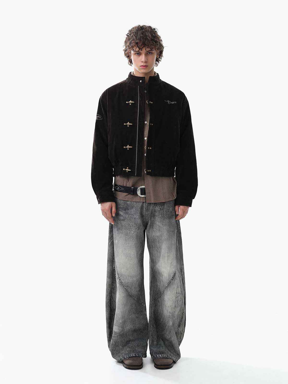 Vintage Suede Embroidered Metal Clip Down Jacket