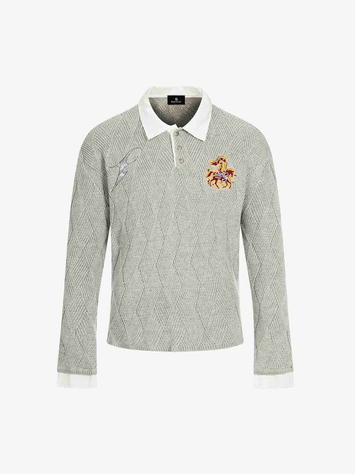 Retro Contrast Collar Embroidery Knit Sweater