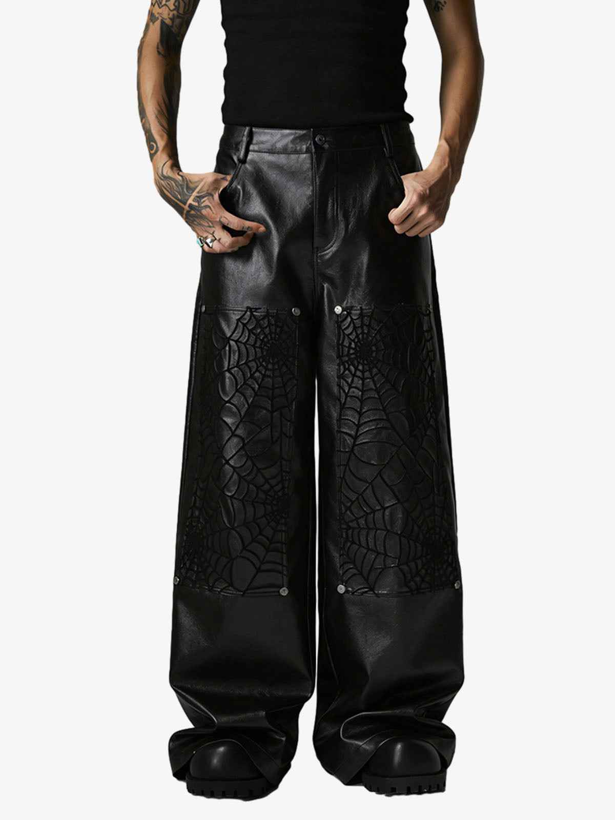 Spider Web Embossed Faux Leather Wide Leg Pants