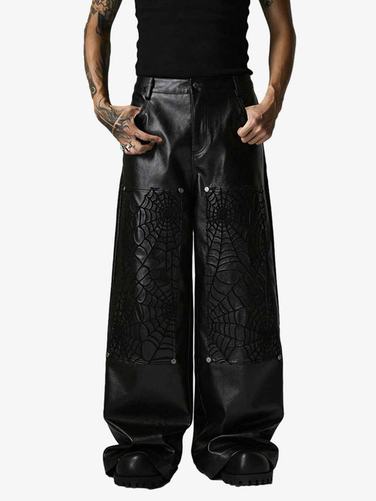 Spider Web Embossed Faux Leather Wide Leg Pants