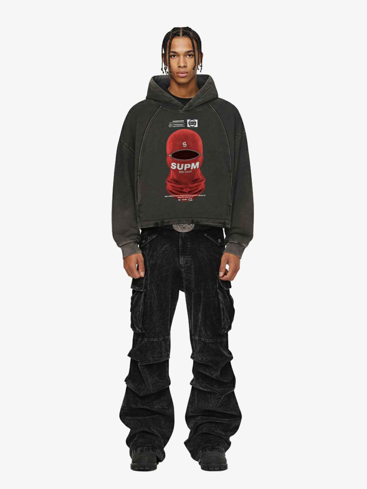 Retro Bandit Hat Graphic Distressed Cropped Hoodie