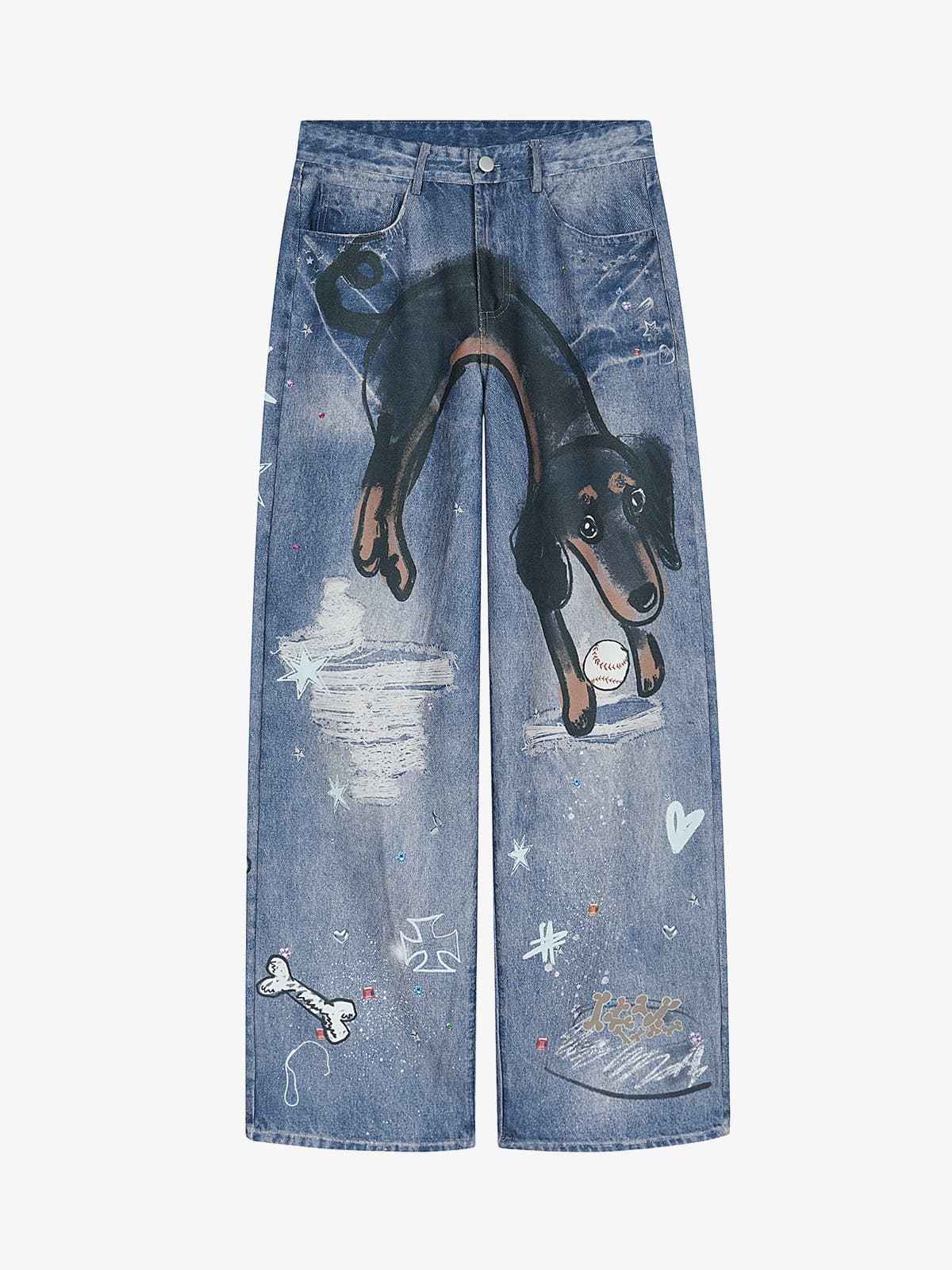 Retro Dachshund 3D Print Washed Distressed Jeans
