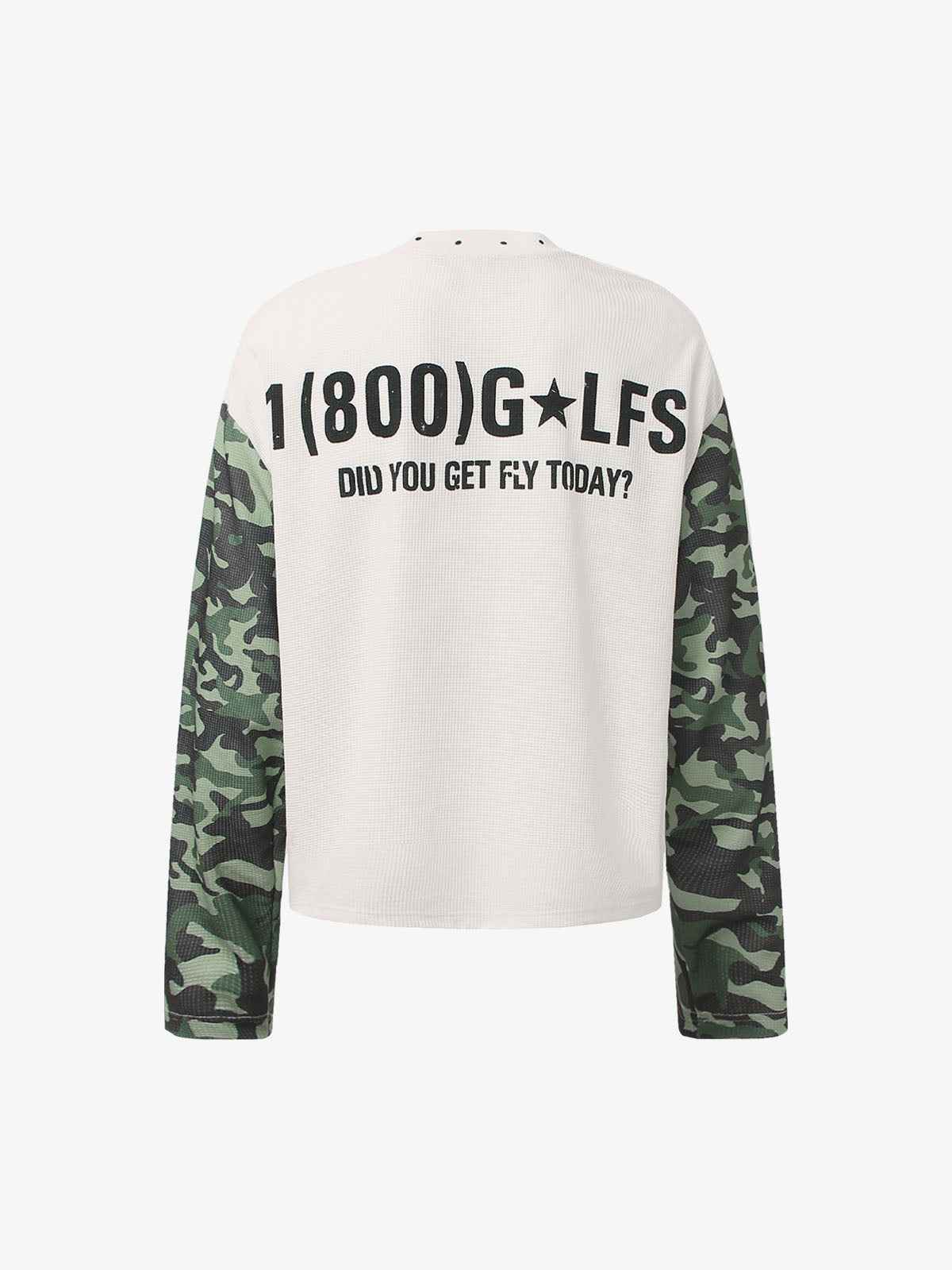 Camouflage Patchwork Letter Print Waffle Long-Sleeved T-Shirt