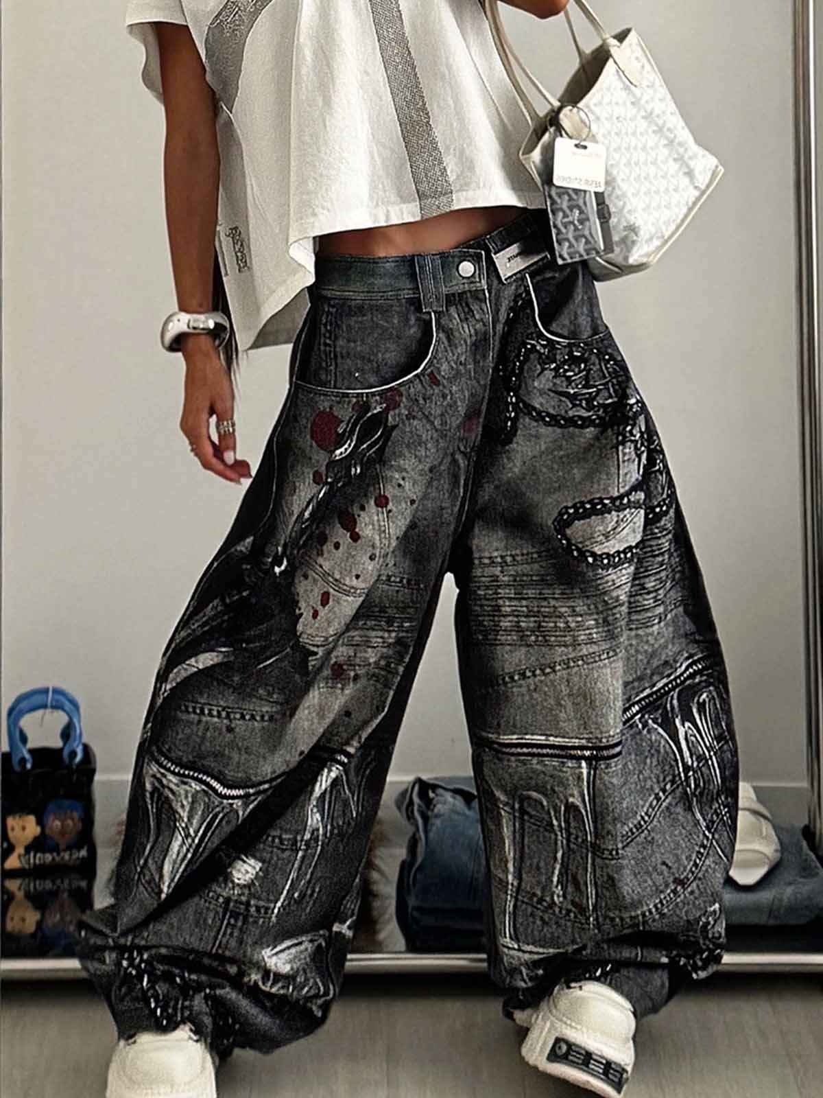 Abstract Graphic Print Wide Leg Barrel Jeans