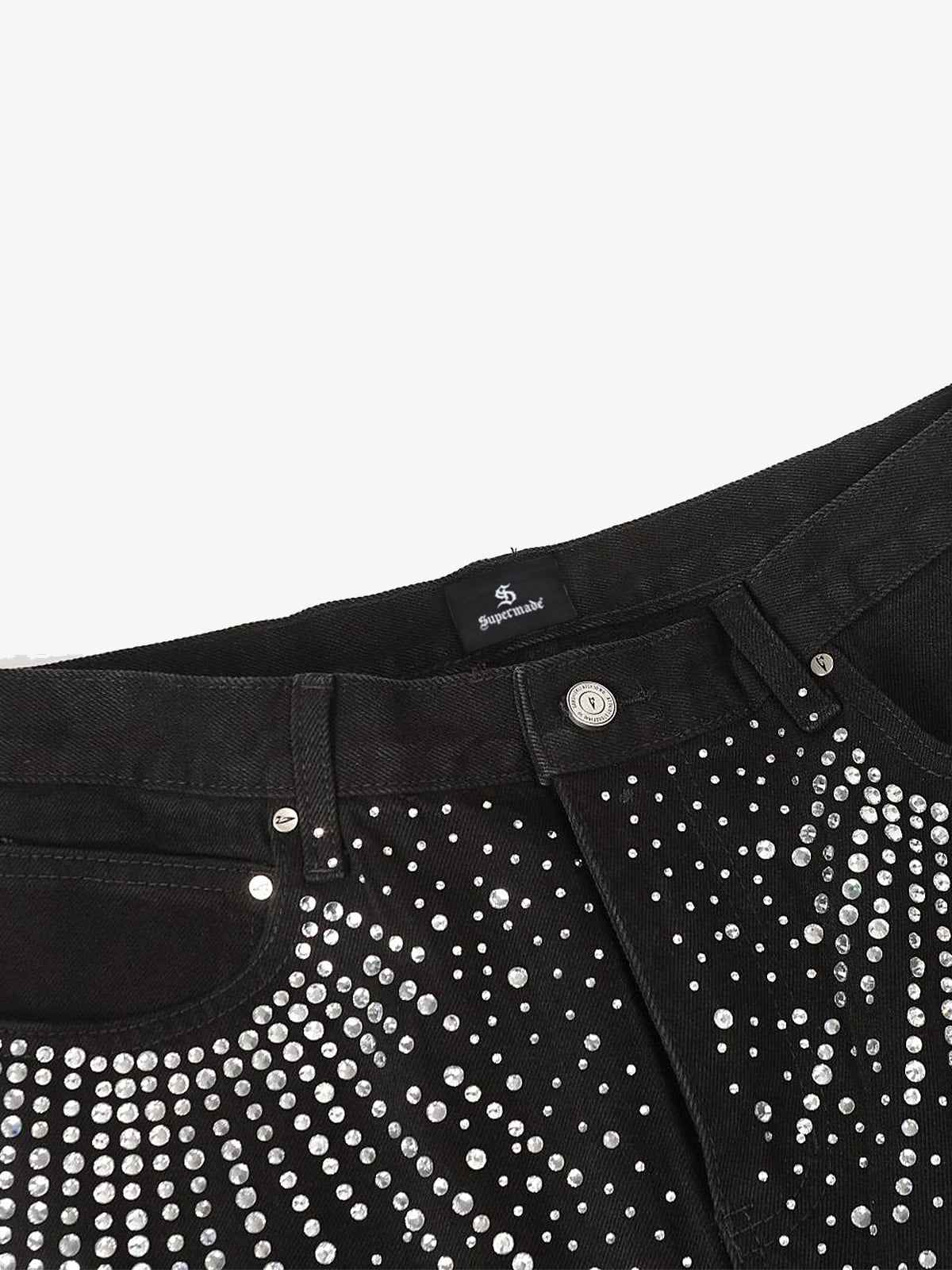 Retro Denim Full Rhinestone Design Baggy Jeans - 2545