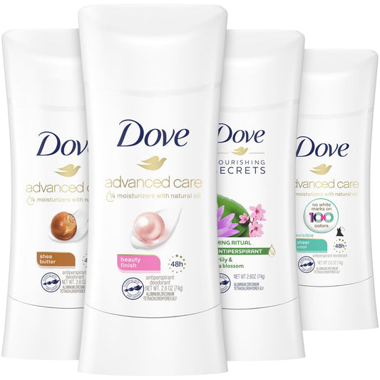 Dove Deodorant Set - Advanced Care Deodorant for Women Dove Antiperspirant Deodorant 48-Hour Effective Protection with Nourishing Oils for Soothing Sensitive Skin Scented 2.6 Oz (4 Piece Set)